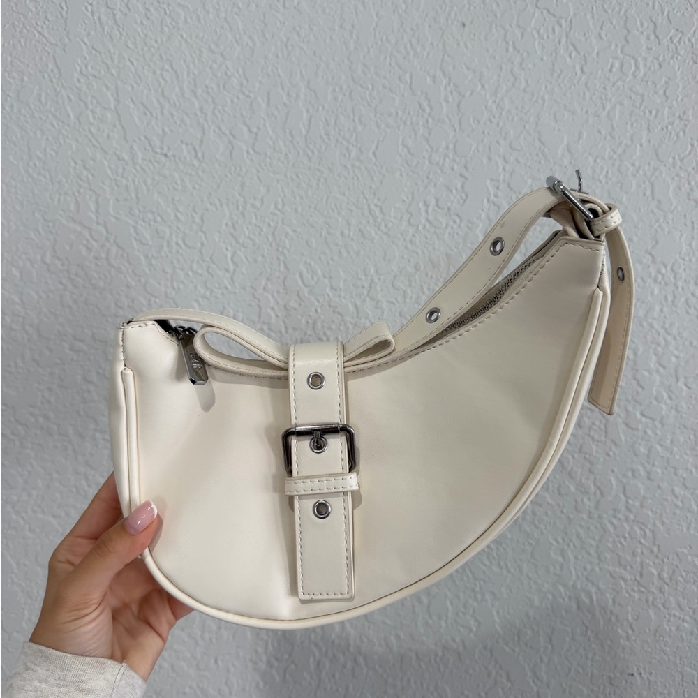 8OR - Cream Crescent Shoulder Bag with Buckle Detail